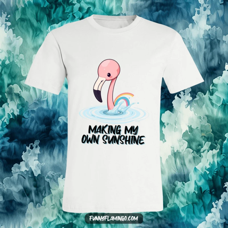 Funny flamingo t-shirt with a playful flamingo creating a tiny rainbow splash, a vibrant and humorous design.