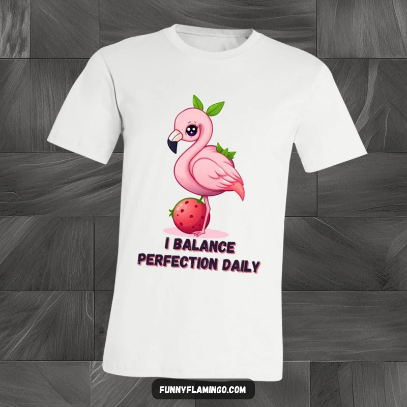 Funny flamingo t-shirt, a cute pink bird with bright eyes in mid-balance with a huge berry, conveying playful charm.