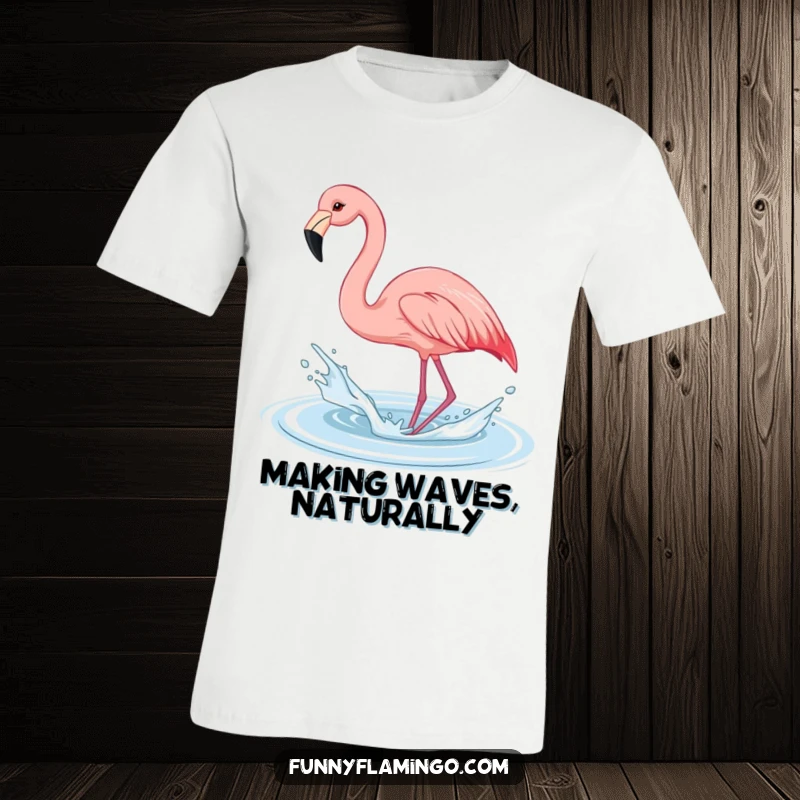 Funny flamingo t-shirt, a pink bird enthusiastically splashing water with its beak in a joyful water play.