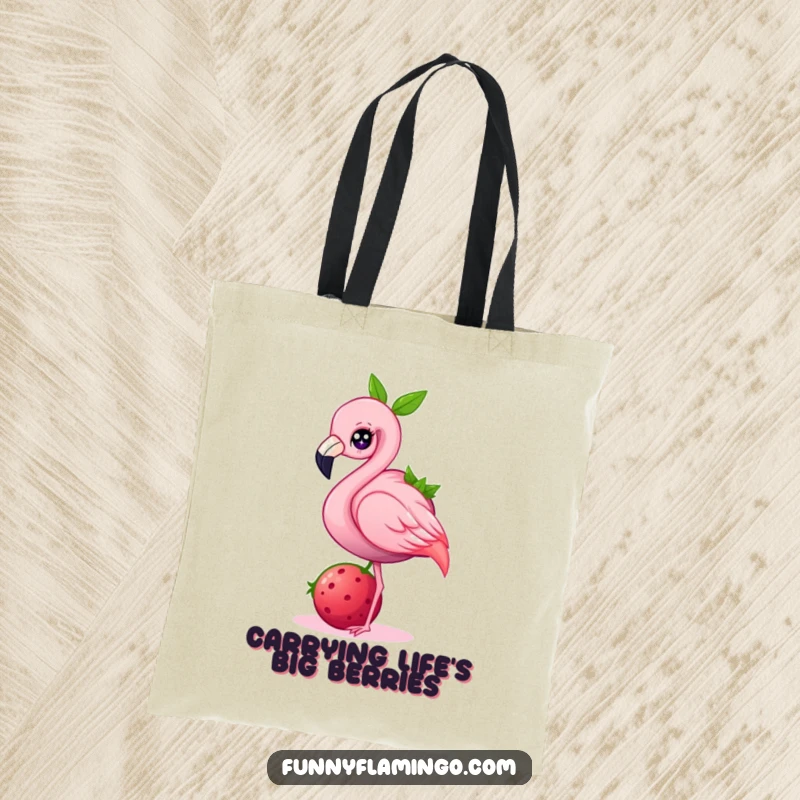 Funny flamingo tote bag, a cute pink bird balancing a large berry, showcasing a delightful and humorous design.