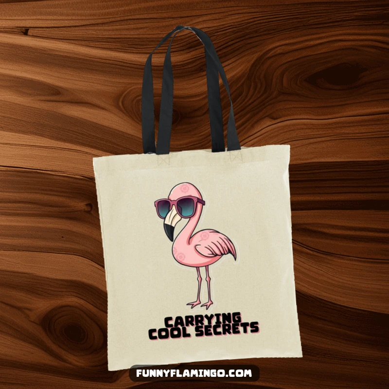 Funny flamingo tote bag with a bird wearing oversized sunglasses, exuding a cool, relaxed, and stylish vibe.
