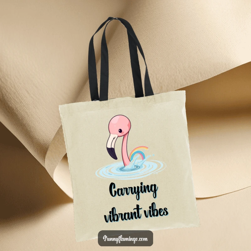 Funny flamingo tote bag showcasing a playful flamingo splashing water to make a tiny rainbow, stylish and humorous.