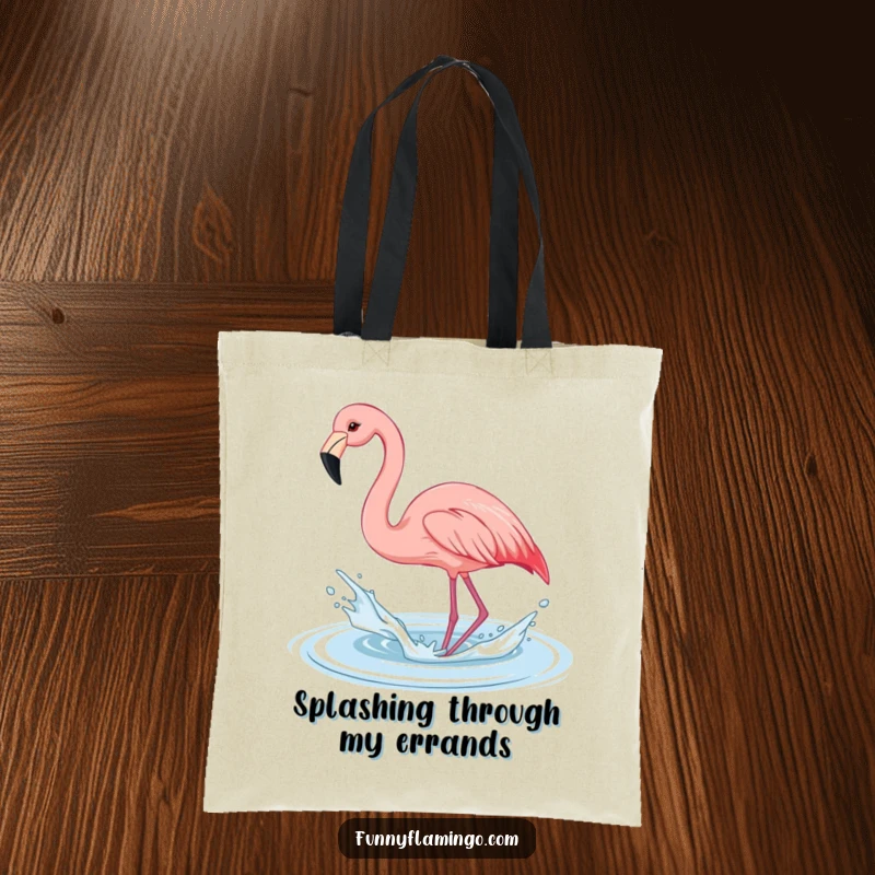 Funny flamingo tote bag, a pink bird energetically splashing water with its beak, ideal for practical fun.